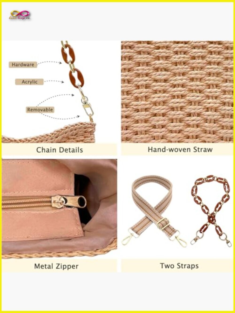 Straw Crossbody Bag Woven Shoulder Purse Beach Tote Summer Vacation Chain Strap - Picture 6 of 7